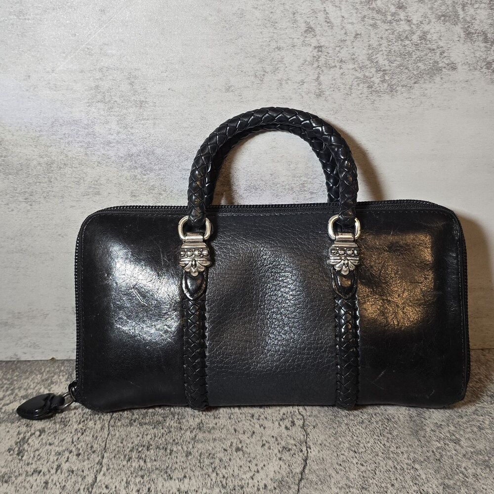 Brighton Black Pebbled Leather Mini Purse / Large Wallet 3 Sections Y2K Braided